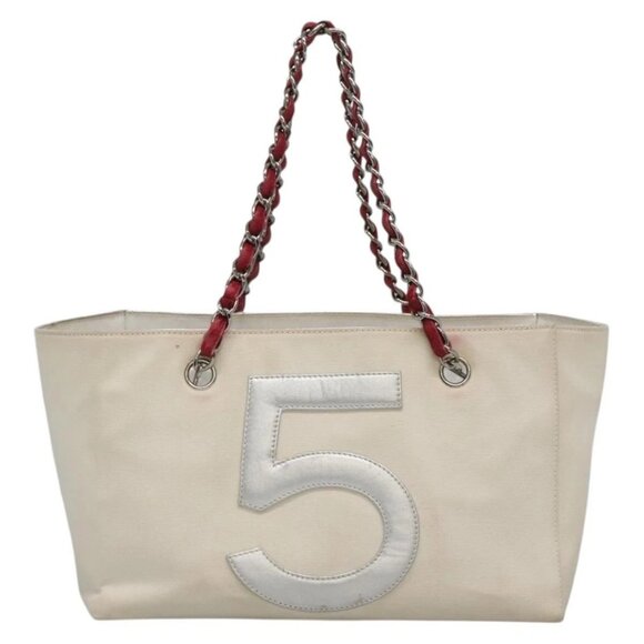 CHANEL Choco Bar COCO Mark Chain Hand Bag Canvas Beige Silver CC Auth BA4601 - Picture 2 of 16